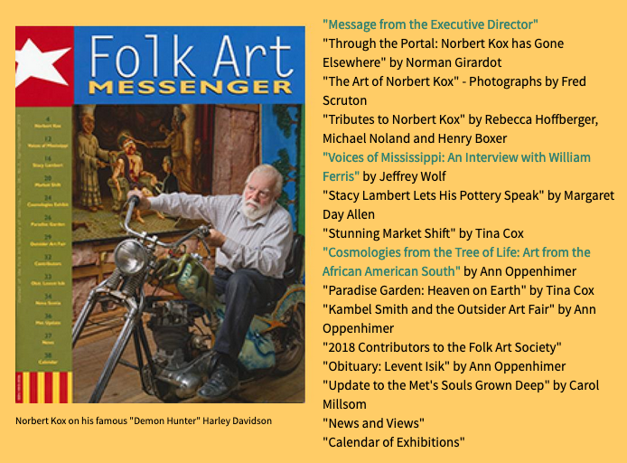 Tributes to Norbert Kox with photography by Fred Scruton in Folk Art Messenger Magazine